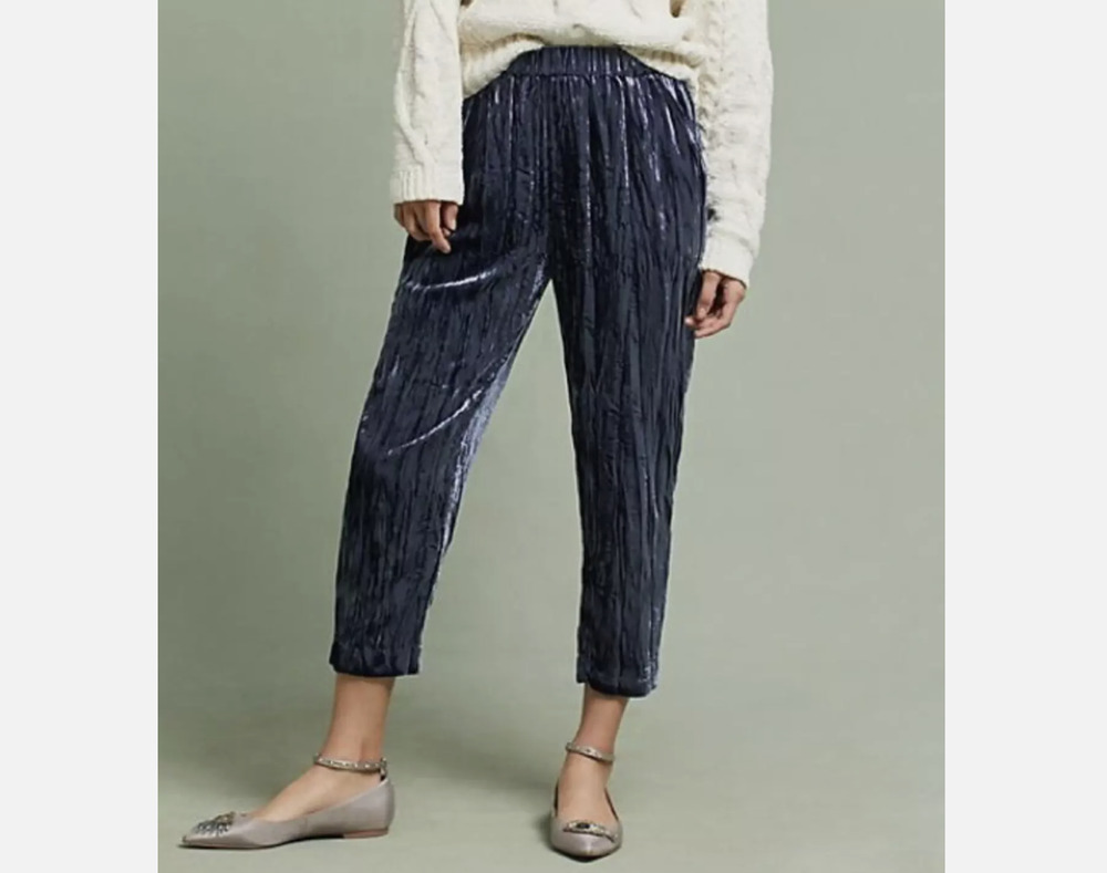 Anthropologie Ett:Twa Pants Kinley Cropped Blue Crushed Velvet Size SP New